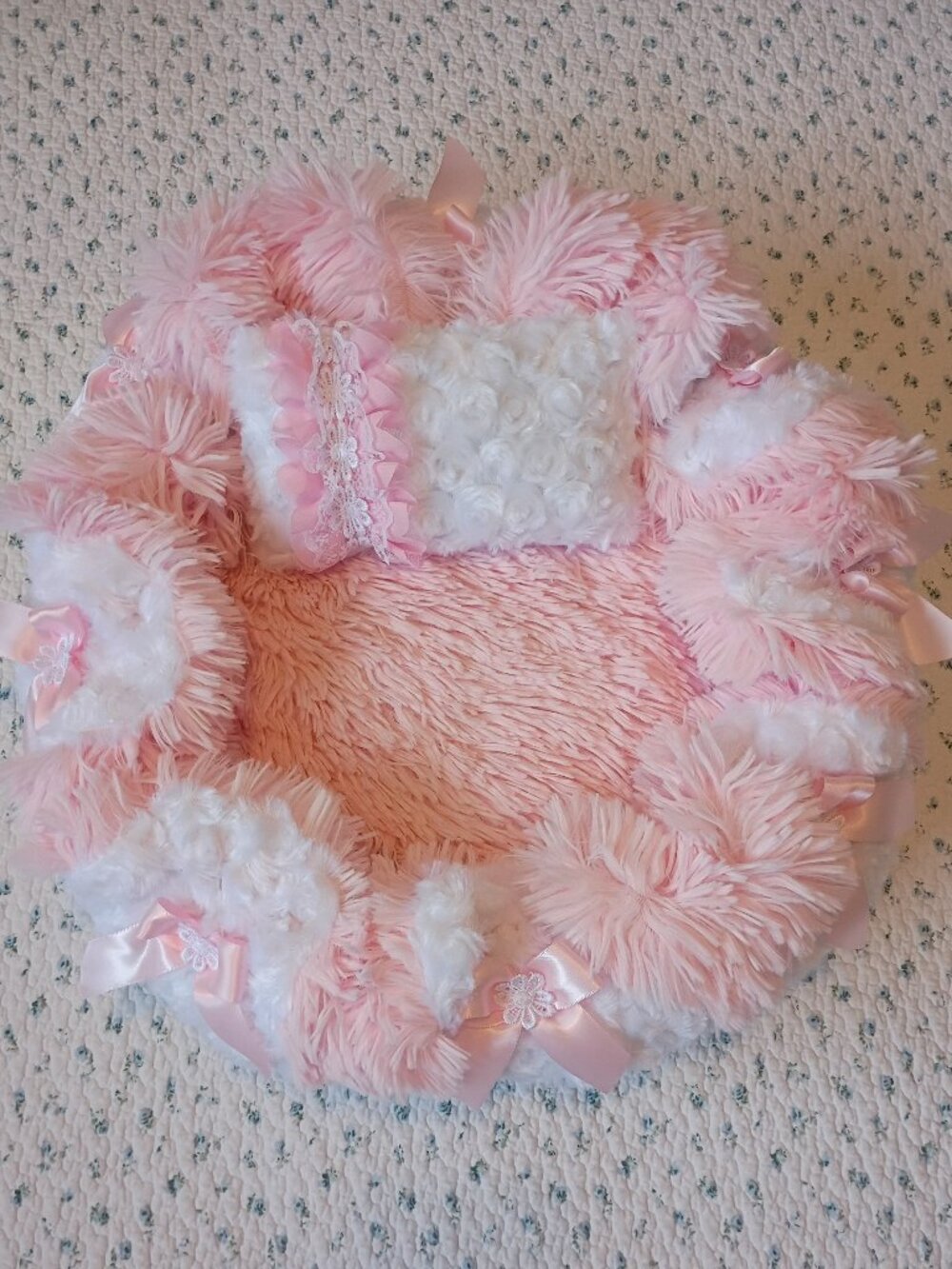 Pink and White Cozy Plush Pincess Cuddler Dog Bed with Satin Pink Bow